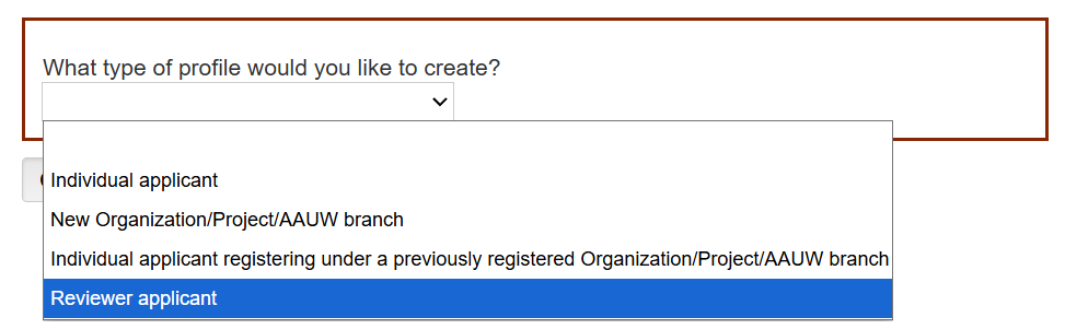 Screenshot of the profile type to create when applying for the Review Panel.