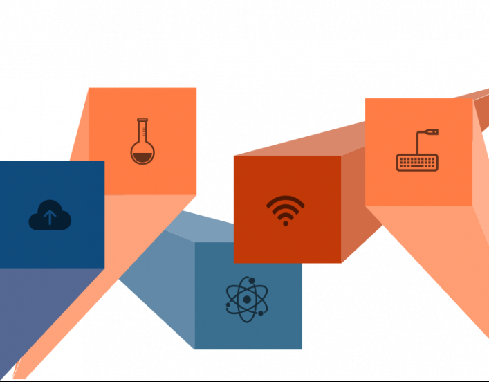 collection of science icons including an atom, chemistry beaker, keyboard, and wifi signal