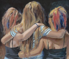 Painting of three girls linked arm in arm with red and blue streaks in their long blond hair, titled “Summer Grace” by Cathy Meyer (Oregon), winner of AAUW 2020 Art Contest