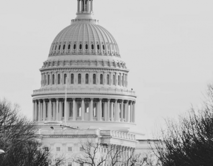 black and white photo of the US Capitol