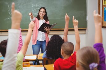 Teacher in front of grade school students