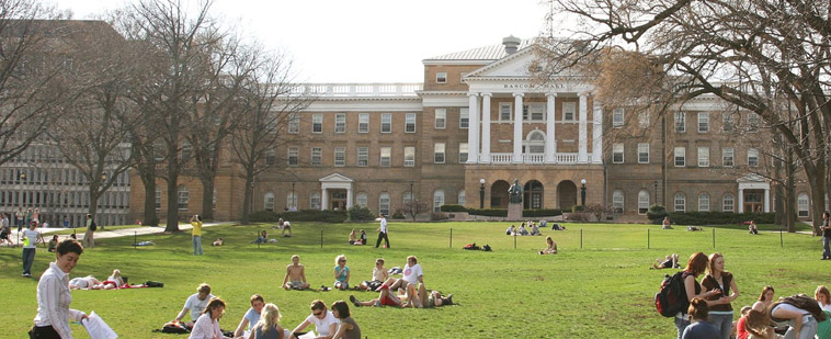College campus quad with students