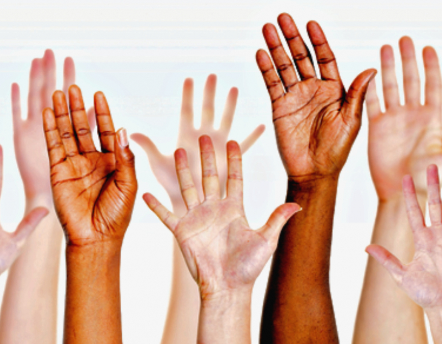 a group of raised hands in a vareity of skin hues