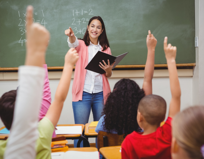 Teacher in front of grade school students