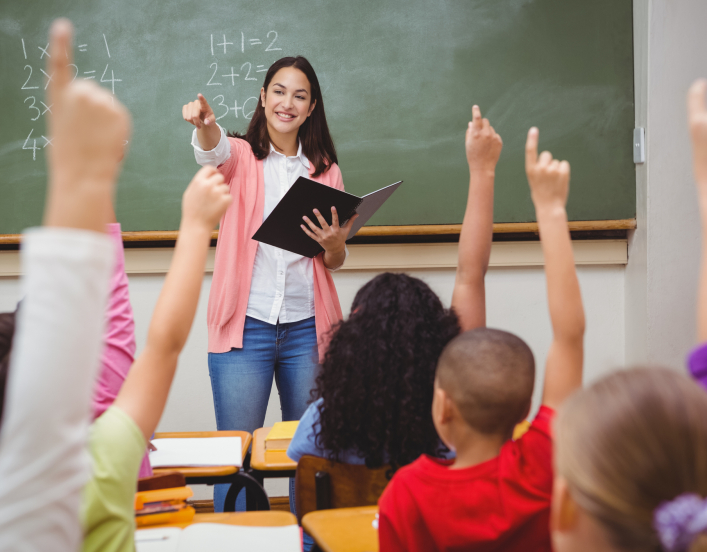 Teacher in front of grade school students