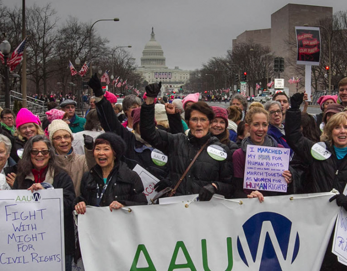 group of AAUW supporters at the women's march in January of 2017