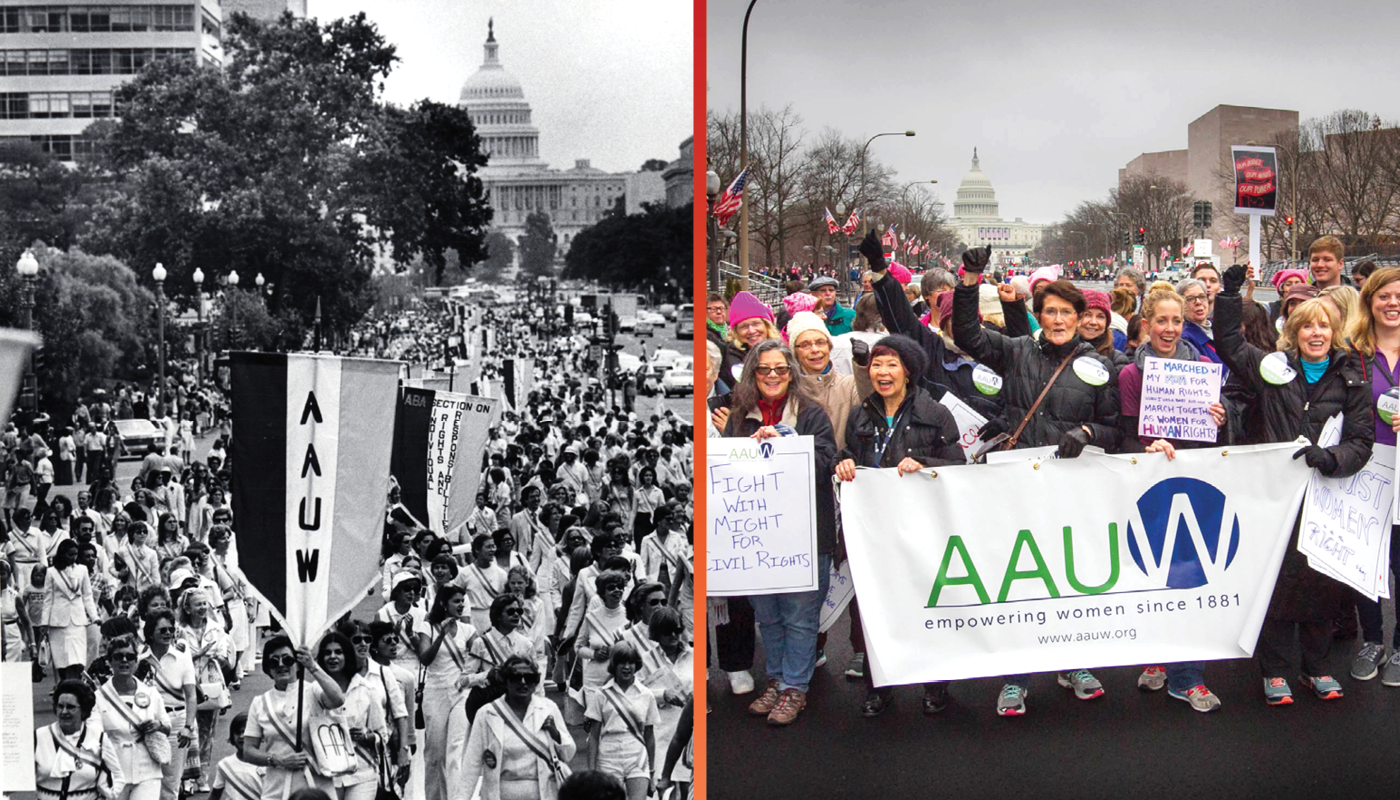 Side by side photo comparison of AAUW members at protest march in Washington, D.C. in the 1970s and a present-day photo of AAUW members at the 2017 Women's March on Washington.