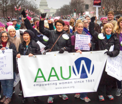 Side by side photo comparison of AAUW members at protest march in Washington, D.C. in the 1970s and a present-day photo of AAUW members at the 2017 Women's March on Washington.