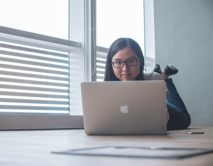 Female student using a computer