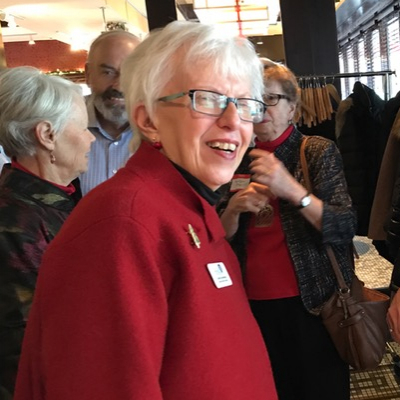 Janine Greenwood, president of AAUW Reston, talking with Cyndi Shanahan