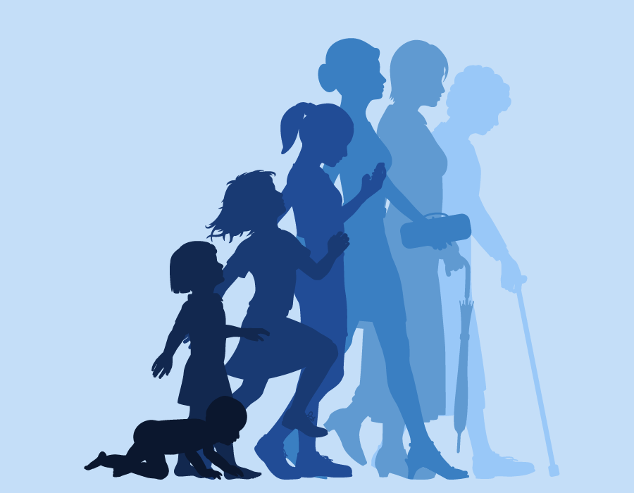 Illustration of one woman throughout her life from infant to elderly.