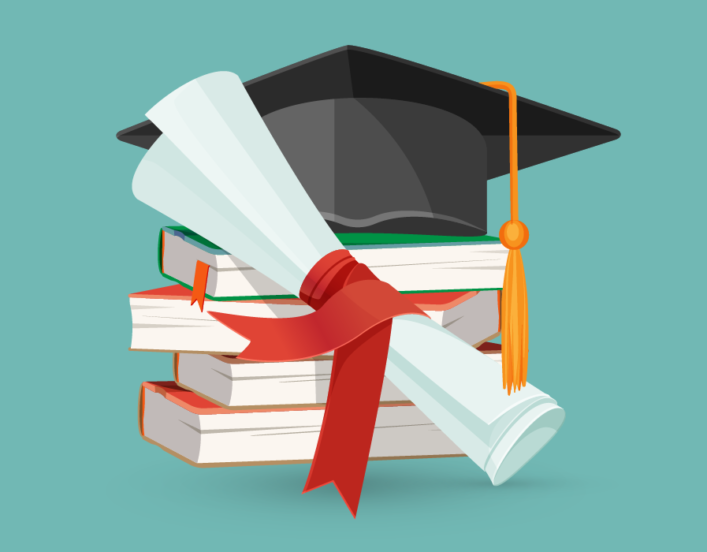 Illustration of a graduation cap and diploma on top of a stack of books.