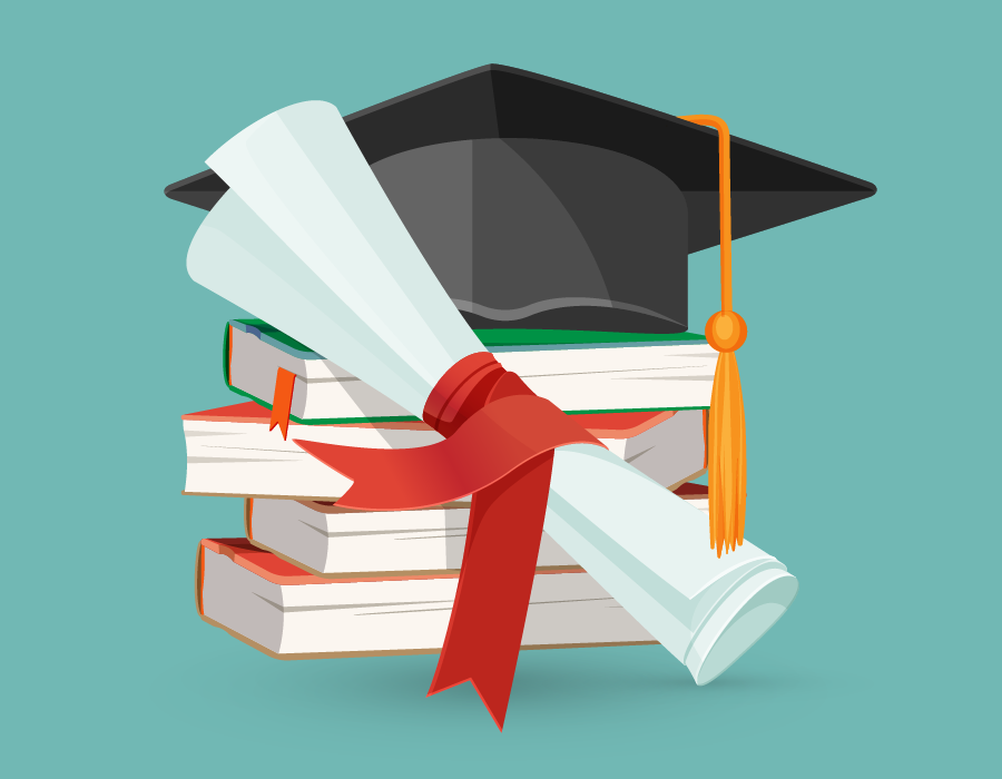 Illustration of a graduation cap and diploma on top of a stack of books.