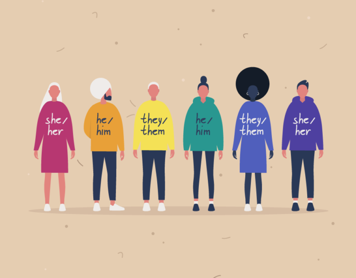 Illustration of a group of diverse people with different pronouns written for 