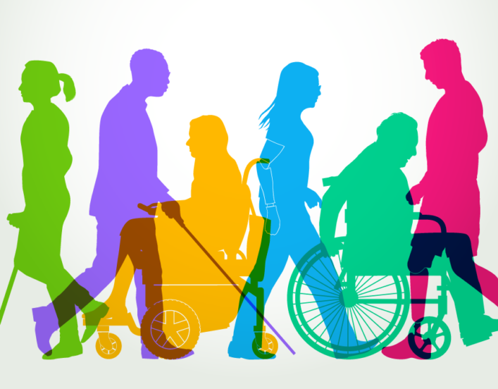 a colorful illustration of people with varying abilities moving along a pathway