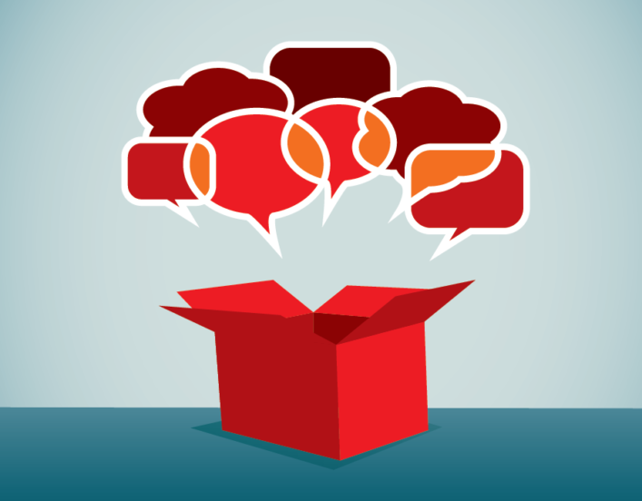 Illustration of cluster of speech bubbles coming out of a red box.