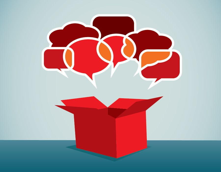 Illustration of cluster of speech bubbles coming out of a red box.