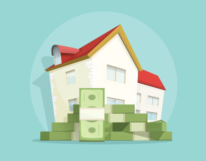 Illustration of a pile of cash in front of a nice house.