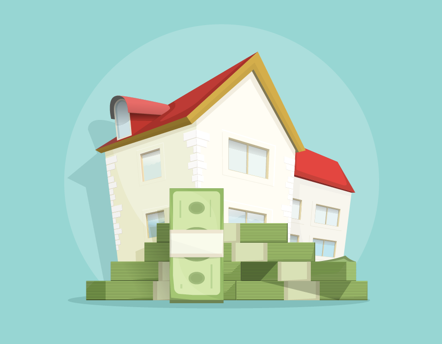 Illustration of a pile of cash in front of a nice house.