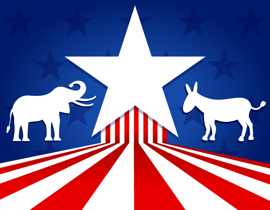 a red/white/blue picture of elephant and donkey to depict Republican and Democratic ideologies.