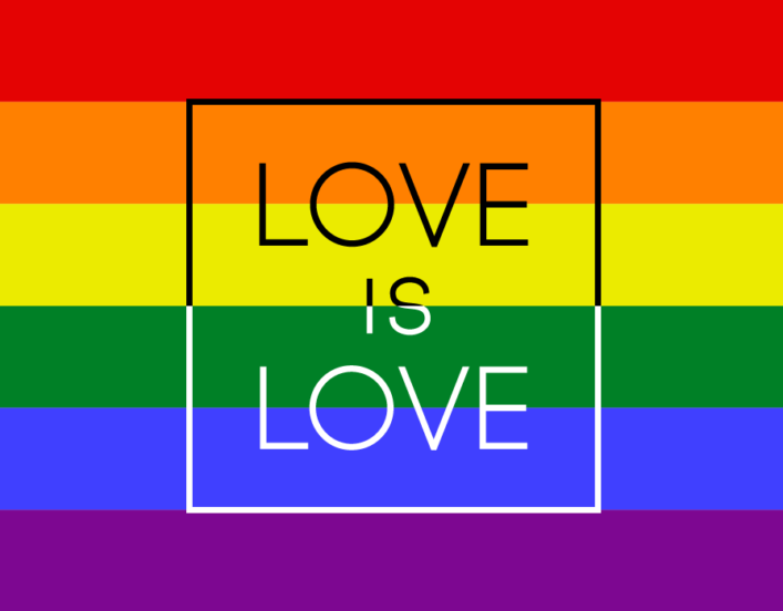 A rainbow flag with the word Love is Love on it. To illustrate sexual orientation