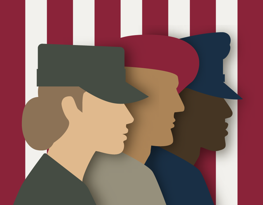 an illustrated silhouette of members of different branches o the military