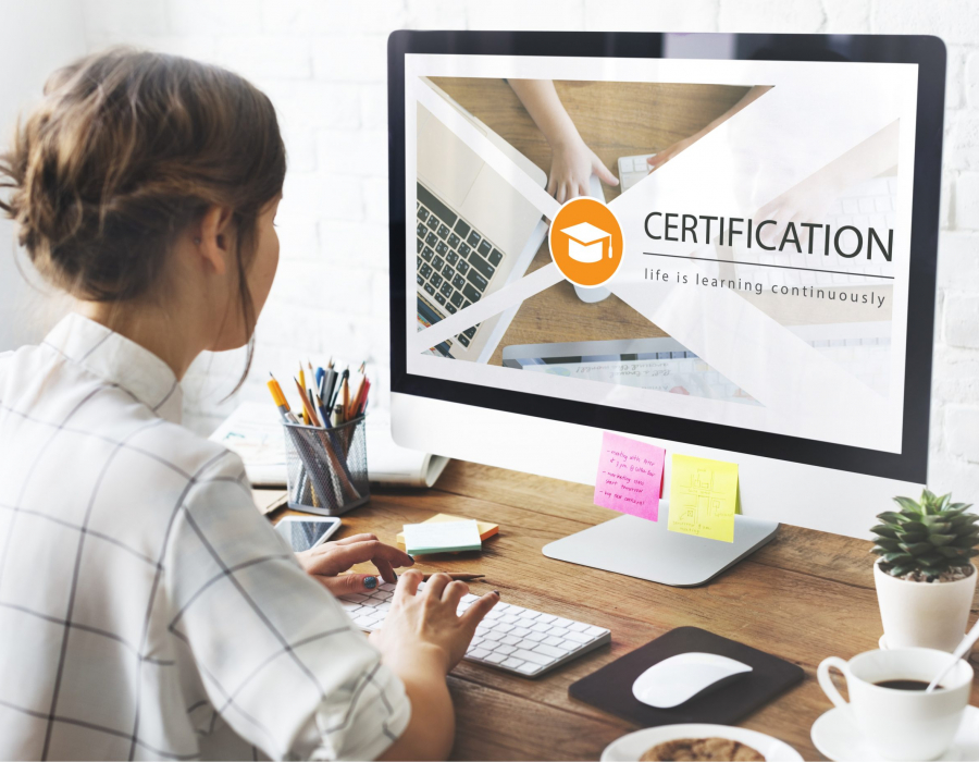 Photograph of a woman working at a desktop computer with 