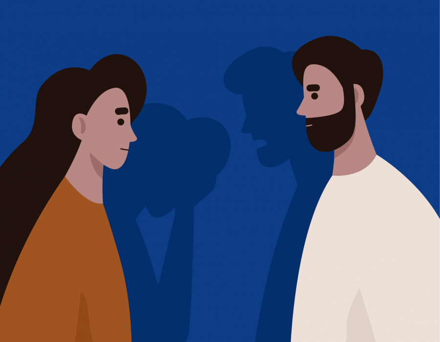 Illustration of a man and a woman talking but their shadows show the man yelling and the woman crying.