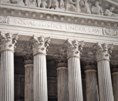 Close up photo of the front of the US Supreme Court building, 