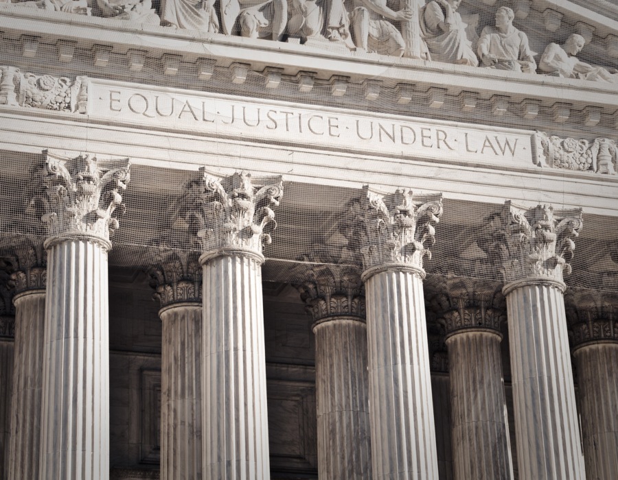 Close up photo of the front of the US Supreme Court building, 