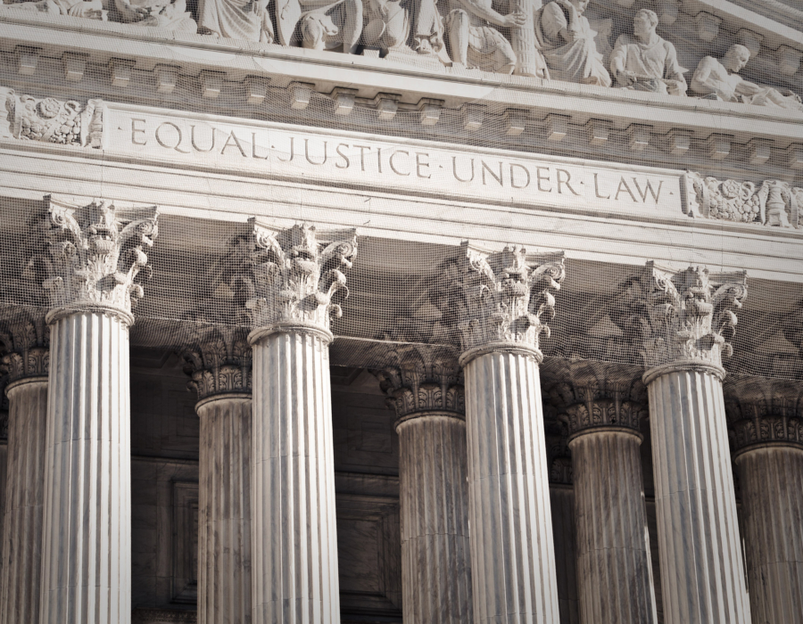 Close up photo of the front of the US Supreme Court building, 
